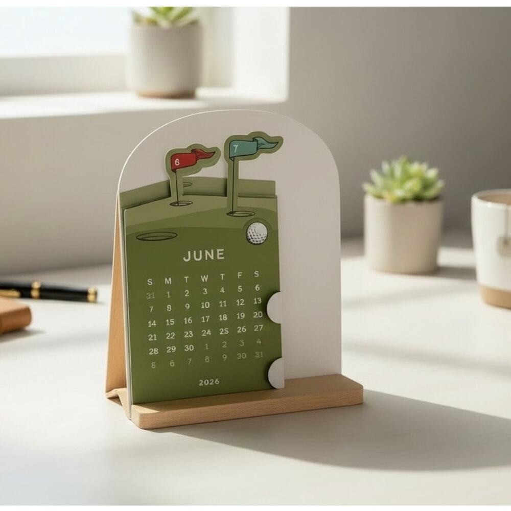 12 Month Golf Desktop Calendar with Wood Stand June 2026 to May 2027 NIB